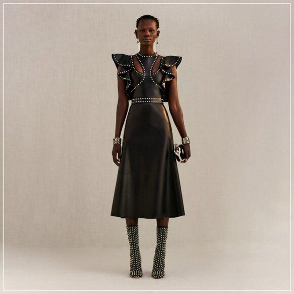 $8990 Alexander McQueen Studded Trim Lamb Leather Ruffle Runway Midi Dress - Picture 8 of 11